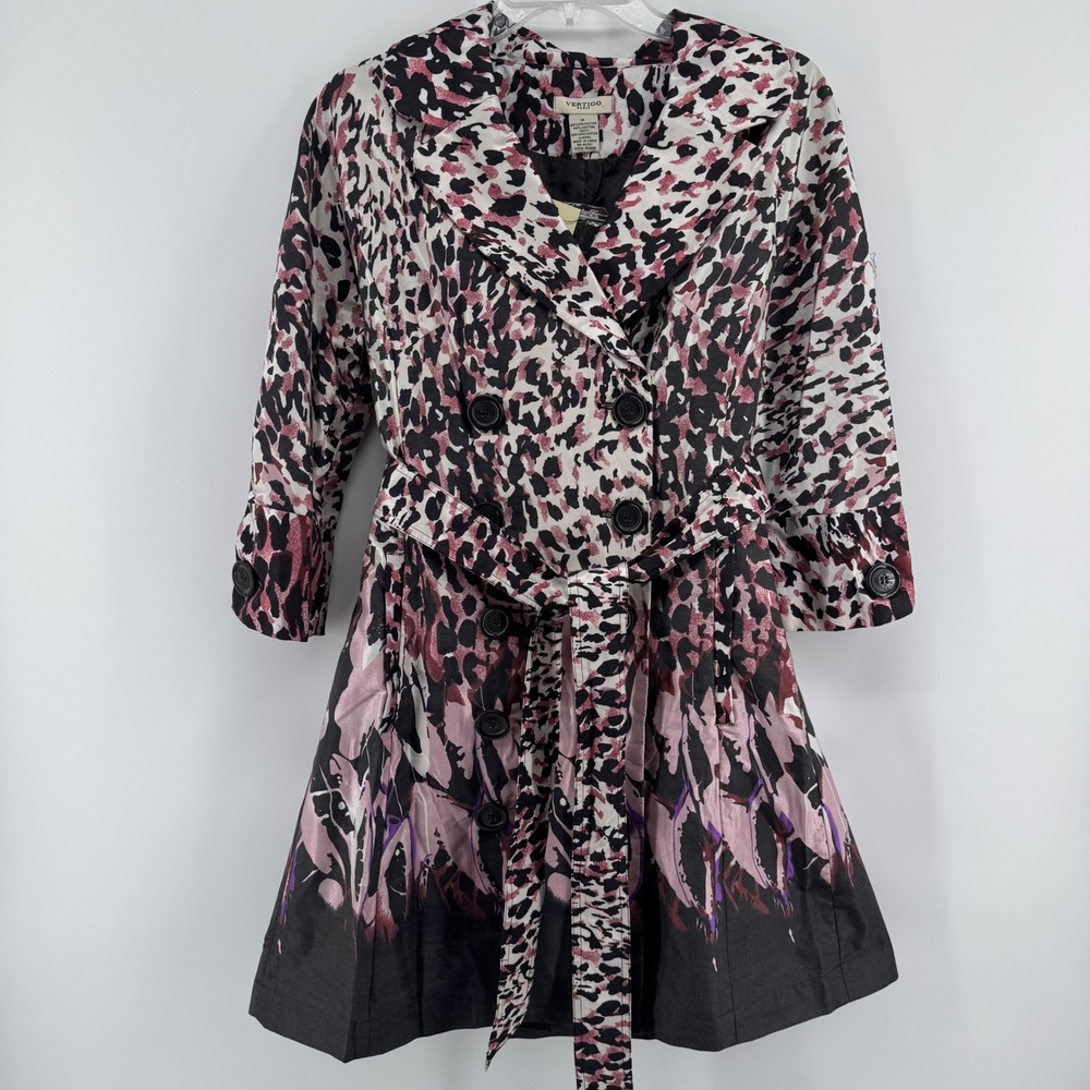 Vertigo Paris Trench Coat Womens Medium Pink Dripping Cheetah Belted Jacket NEW
